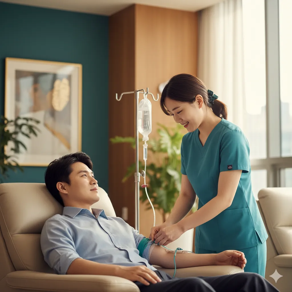 Licensed nurse administering IV treatment at VitaMD Seoul